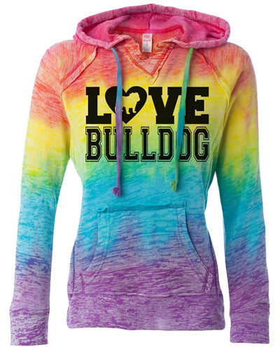 Love Bulldog Women's English Bulldog Rainbow Burnout Hoodie