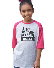 I Love My Bully V.2. Kids Baseball Tee pink sleeves or black sleeves